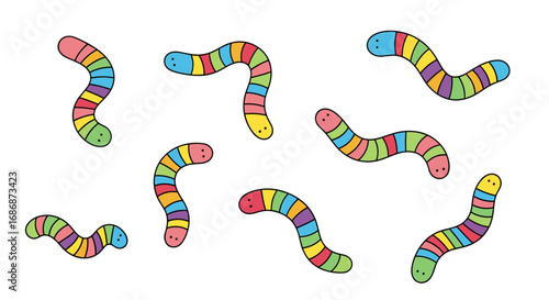A colorful collection of wiggly worms on a white background depicting various poses and movements