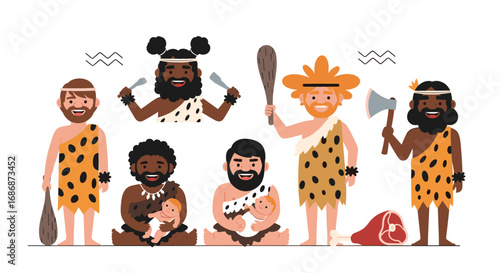 A diverse group of cartoon cave people holding tools and babies depicted in a flat design style