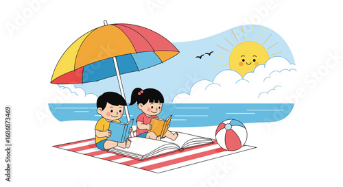 Children enjoying a sunny day at the beach reading books under a colorful umbrella with a ball nearby