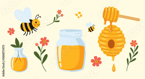 Sweet golden nectar collection featuring busy bees blooming flowers and a honeycomb dripping deliciousness