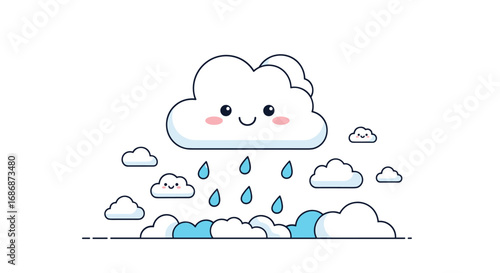 Cute kawaii cloud raining water drops on a sunny day with tiny clouds and blue puddles below