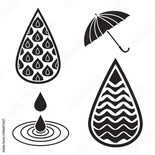 Raindrop and umbrella icons water drop ripple