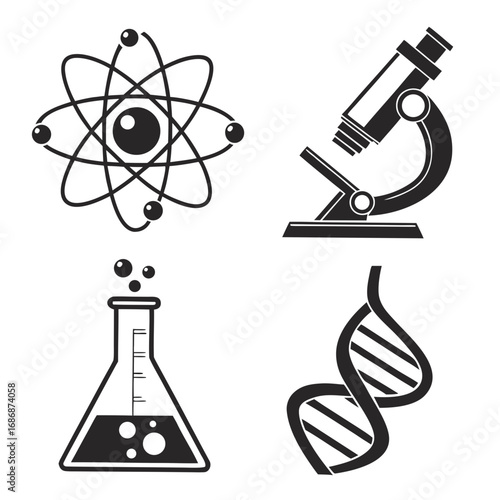 Science Icons Atom Microscope Beaker D N A atomic structure
