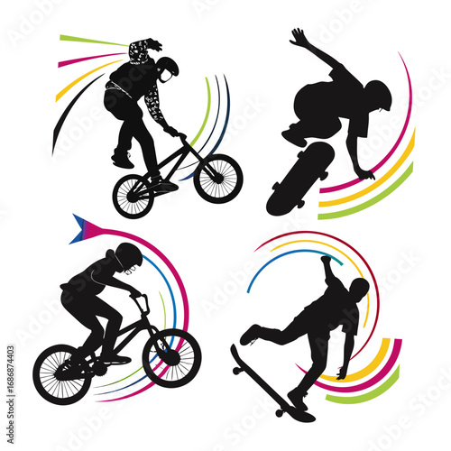 Skateboarders and B M X riders performing tricks silhouette