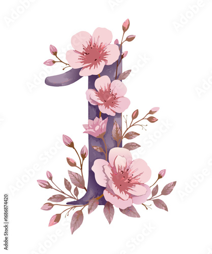 Elegant watercolor number one adorned with delicate pink cherry blossoms and budding flowers isolated on transparent background
