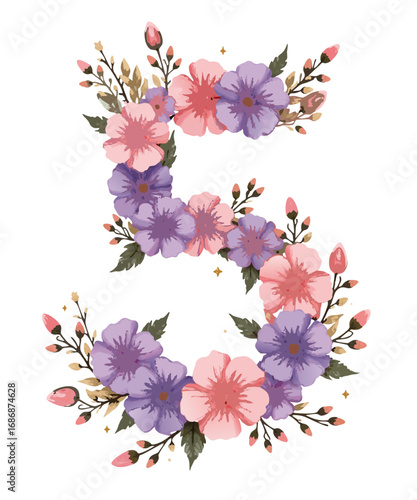 Elegant floral number five in watercolor style with pink and purple flowers and green leaves isolated on transparent background