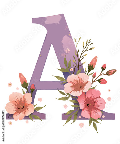 Beautiful watercolor floral letter a in soft purple with delicate pink and peach blossoms and green leaves isolated on transparent background