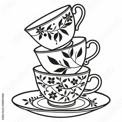 Stacked floral teacups and saucer black and white