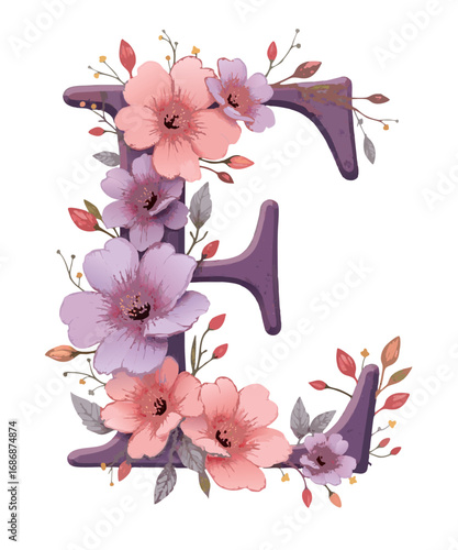 Elegant purple letter e adorned with delicate watercolor flowers and leaves in soft pink and lavender hues isolated on transparent background