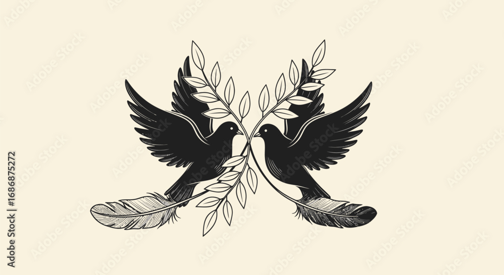Obraz premium Symmetrical illustration of two black doves holding olive branches.