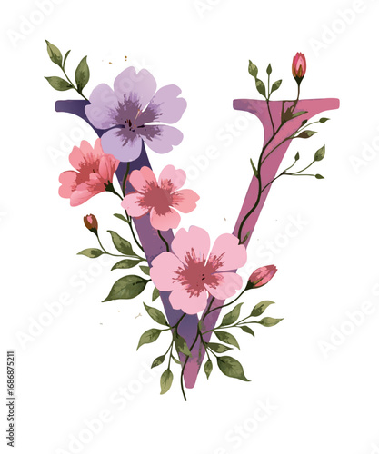 Elegant watercolor letter v adorned with delicate pink and purple flowers and green leaves isolated on transparent background