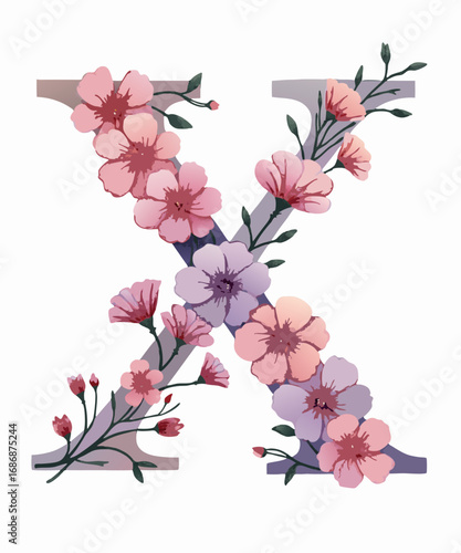 Elegant letter x adorned with delicate watercolor flowers in shades of pink and purple isolated on transparent background