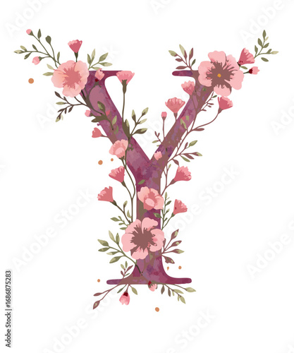 Elegant watercolor letter y adorned with delicate pink flowers and green leaves isolated on transparent background