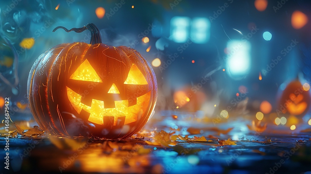 Naklejka premium Halloween Pumpkin Lantern Night Scene