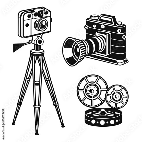Vintage cameras film reels tripod photography cinema