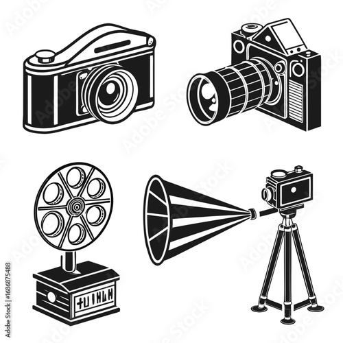 Vintage film and camera icons retro silhouette