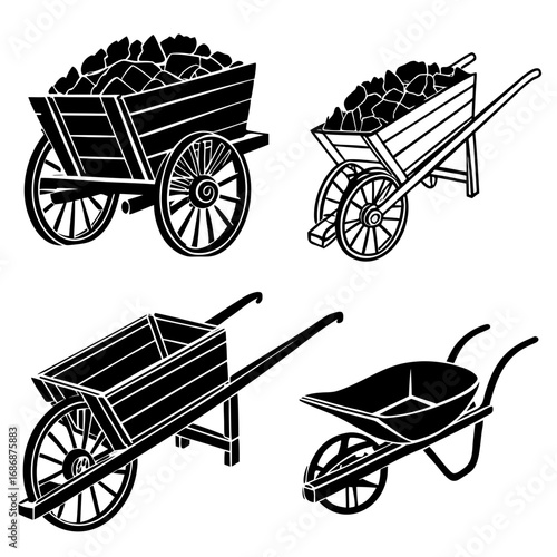 Wooden carts and wheelbarrows filled with coal wagon
