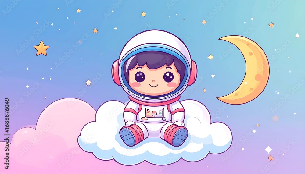 Naklejka premium Cute astronaut on a cloud in the night sky
