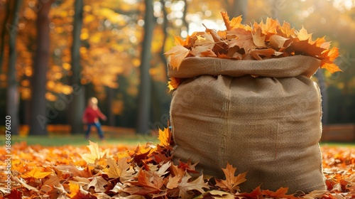 Golden autumn leaves overflowing from a burlap sack in a sunlit park, with a child playing in the background.