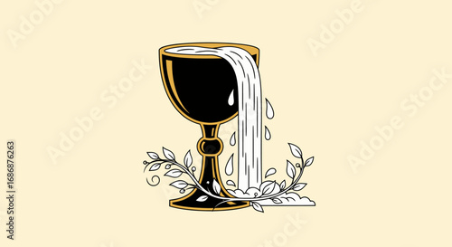 Symbolic golden chalice overflowing with cascading water illustration.