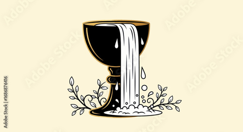 Vintage style black chalice overflowing with a cascade of water.