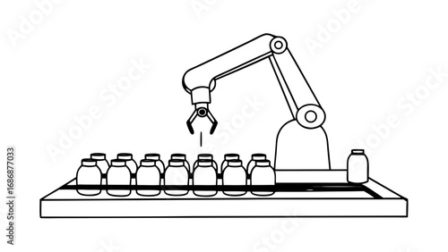 Automated manufacturing robotic arm production line conveyor belt bottles industry industrial automation system isolated on transparent background 