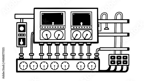 Industrial control panel with gauges indicators and meters for monitoring system performance and efficiency isolated on transparent background 