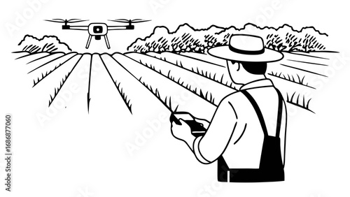 Farmer using drone technology for agriculture innovation and precision farming on his farmland field view isolated on transparent background 