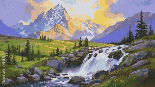 Rockface Cascade Waterfall flowing down a large rock isolated watercolor vector illustration svg