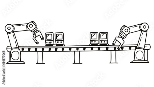 Robotic arms automated assembly line manufacturing process production line factory automation technology line isolated on transparent background 