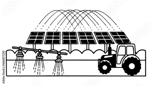 Illustration of solar panels farm irrigation system with tractor and water sprinklers for sustainable agriculture isolated on transparent background 