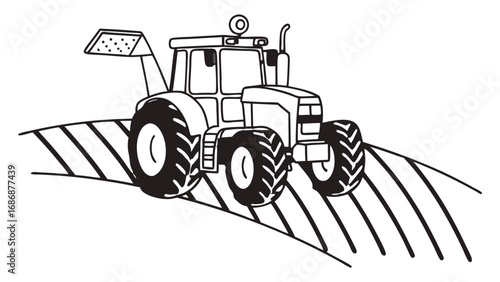 Illustration of tractor agriculture farming vehicle farm equipment field rural machinery transport work line art isolated on transparent background 