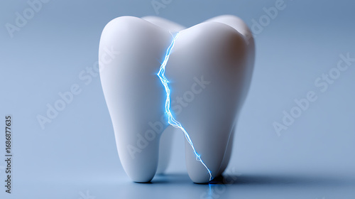 A conceptual 3D render of a cracked tooth with a glowing blue line, symbolizing dental pain, sensitivity, or damage on a clean, minimalist background.
