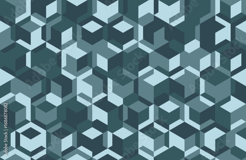 Abstract geometric seamless pattern.  Interlocking teal and light blue cubes create a dynamic, threedimensional effect. Ideal for backgrounds, textiles, and modern design projects.