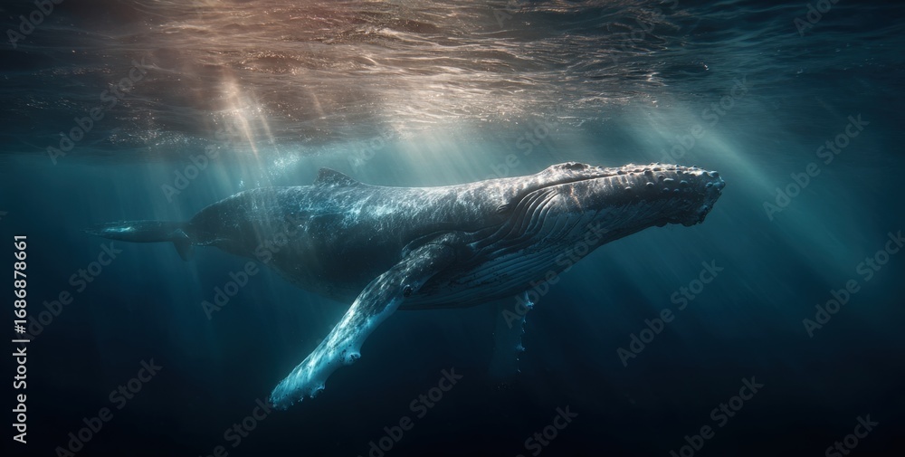 Fototapeta premium A large humpback whale glides serenely through the deep blue ocean, surrounded by shafts of light filtering from the surface. Its massive body moves with grace in the tranquil waters