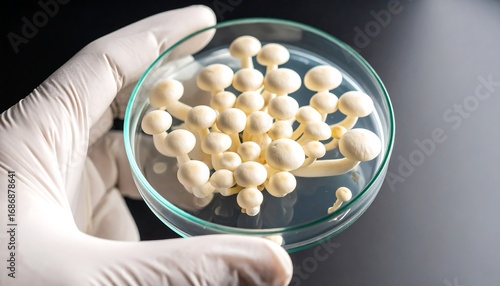 Petri dish with mushrooms. A scientist in white gloves holds a petri dish with a cluster of small, pale mushrooms