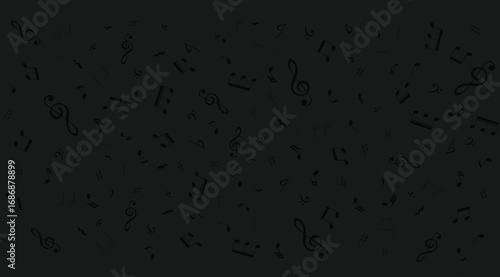 Black background with scattered musical notes and treble clefs pattern