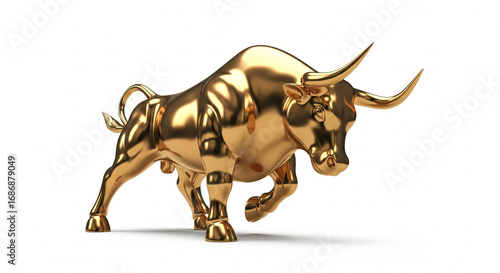 Majestic golden bull statue in a powerful charging pose, symbolizing a rising market, on an isolated transparent background
