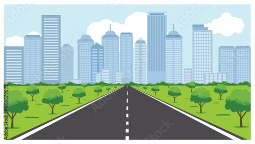 Straight road leading into modern city skyline with skyscrapers and trees illustration