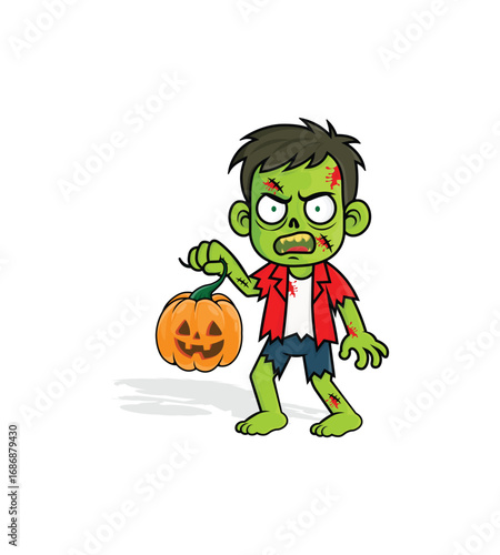 Cartoon zombie boy holding pumpkin lantern Halloween character illustration