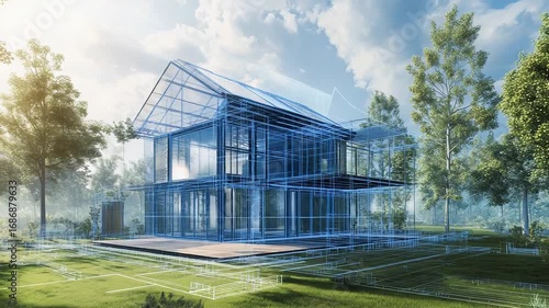 Modern house wireframe being projected on lush green environment