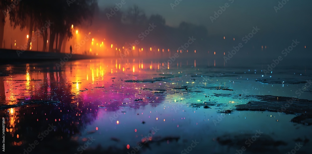 Fototapeta premium Mystical foggy night with glowing lights reflecting on water