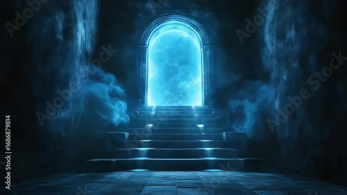 fantasy scene of a glowing blue magic portal with ghosts in a dark hallway
