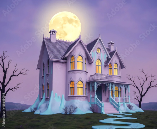 Surreal haunted house with glowing yellow windows under a bright full moon, spooky fantasy night scene