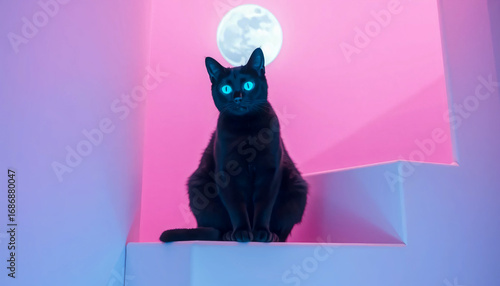 Surreal black cat with glowing blue eyes sitting under a full moon in a pastel pink background, mystical and dreamy atmosphere
