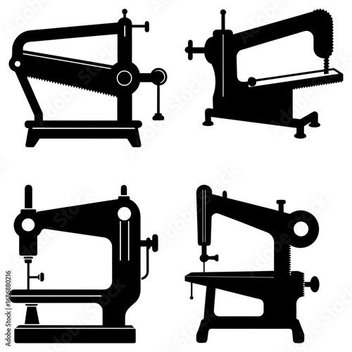 A collection of four vintage sewing machines in black silhouette on a white background display of equipment