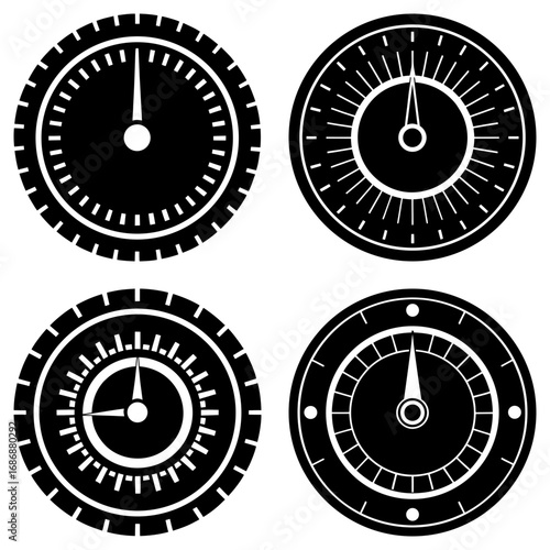 Free Download Four circular gauges with varying designs and pointer positions in black and white illustration style - GFXLoad