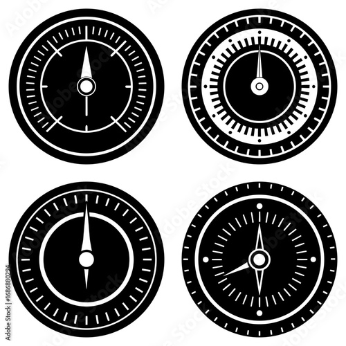 Collection of four compasses with different designs showing navigational direction in black and white style