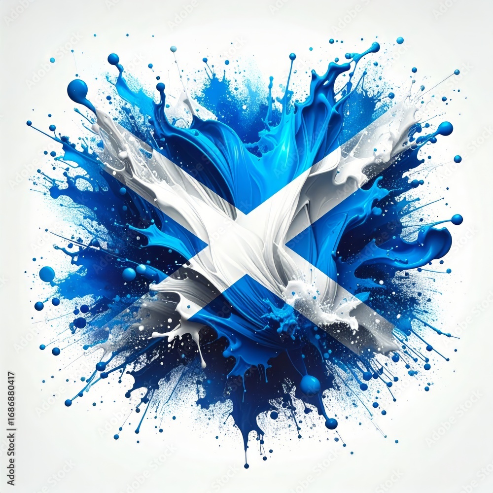 Naklejka premium Scotland flag bursts with blue and white paint splashes, creating a striking, dynamic effect. The design symbolizes national pride and artistic expression.