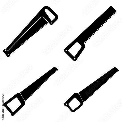 Illustration showing four black silhouette saws with different handle styles on a white background art